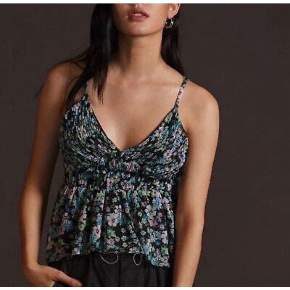 Anthropologie Floral Mesh Smocked Cami Tank Top Small Black Blue Whimsy Fairy